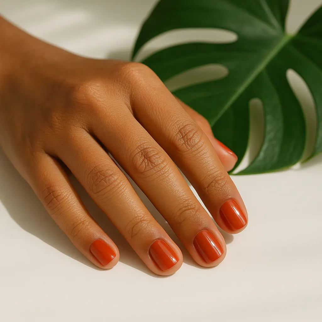 Short squoval natural nails in glossy terracotta orange gel polish, on warm tan skin, the hand beside a monstera leaf on a white table.