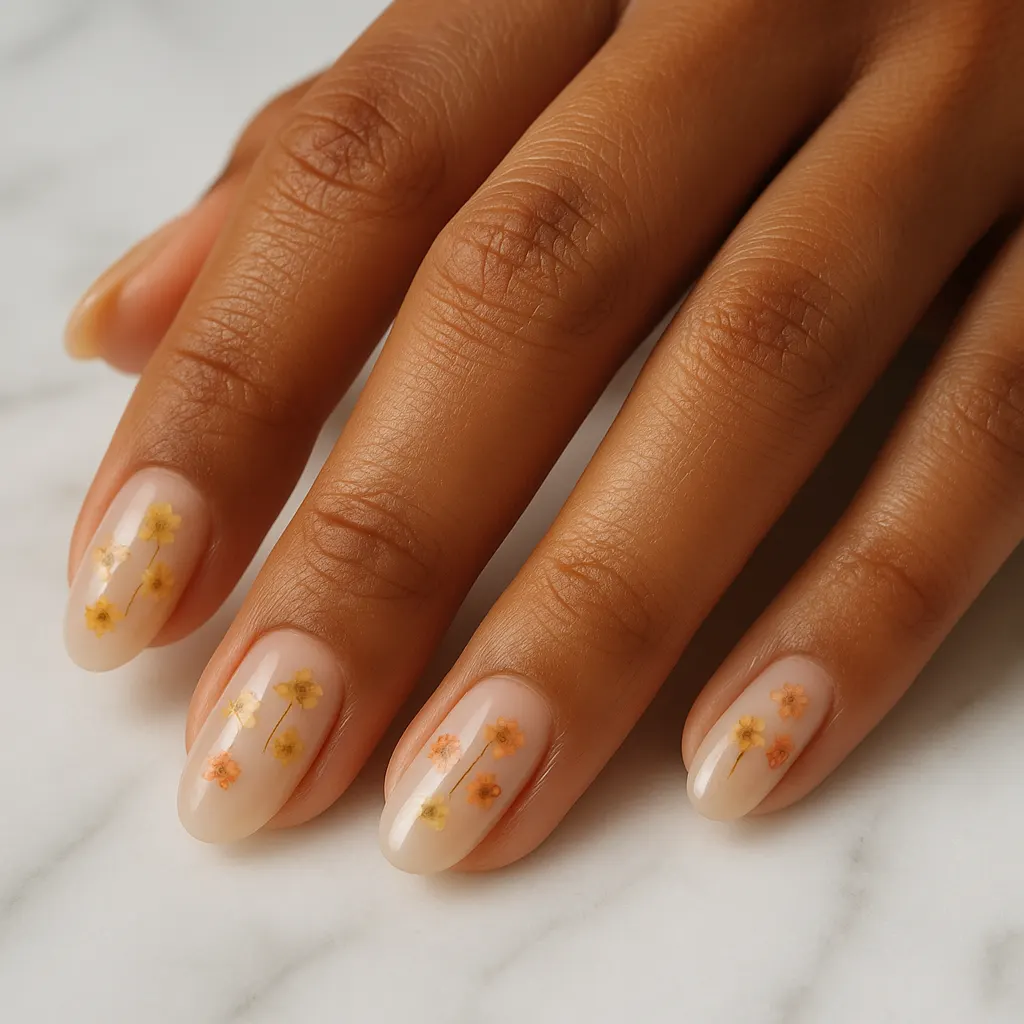 Medium almond natural nails in sheer milky nude gel with tiny pressed dried flowers sealed under the gloss, on warm tan skin, the hand resting on white marble.