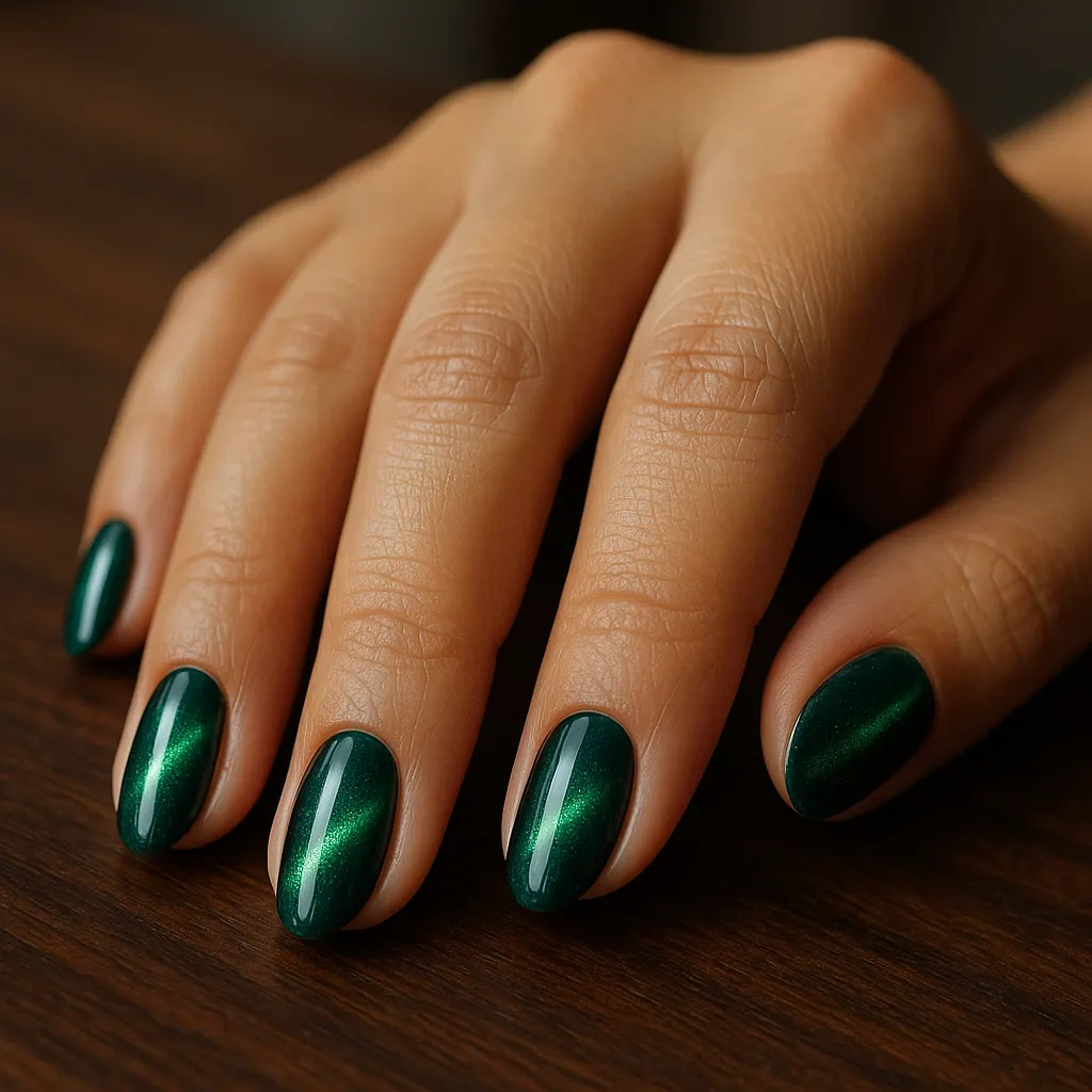 Medium oval natural nails in deep emerald green cat eye gel with a bright shimmer band, on light mestiza skin, the hand on a dark wooden table.