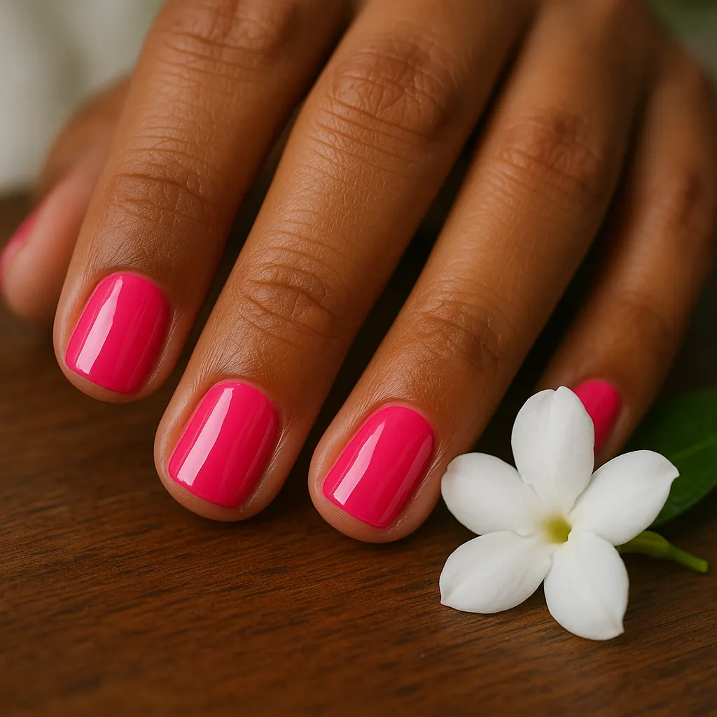 Short square natural nails in glossy hot pink gel polish, on morena skin, the hand beside a sampaguita bloom on a wooden table.