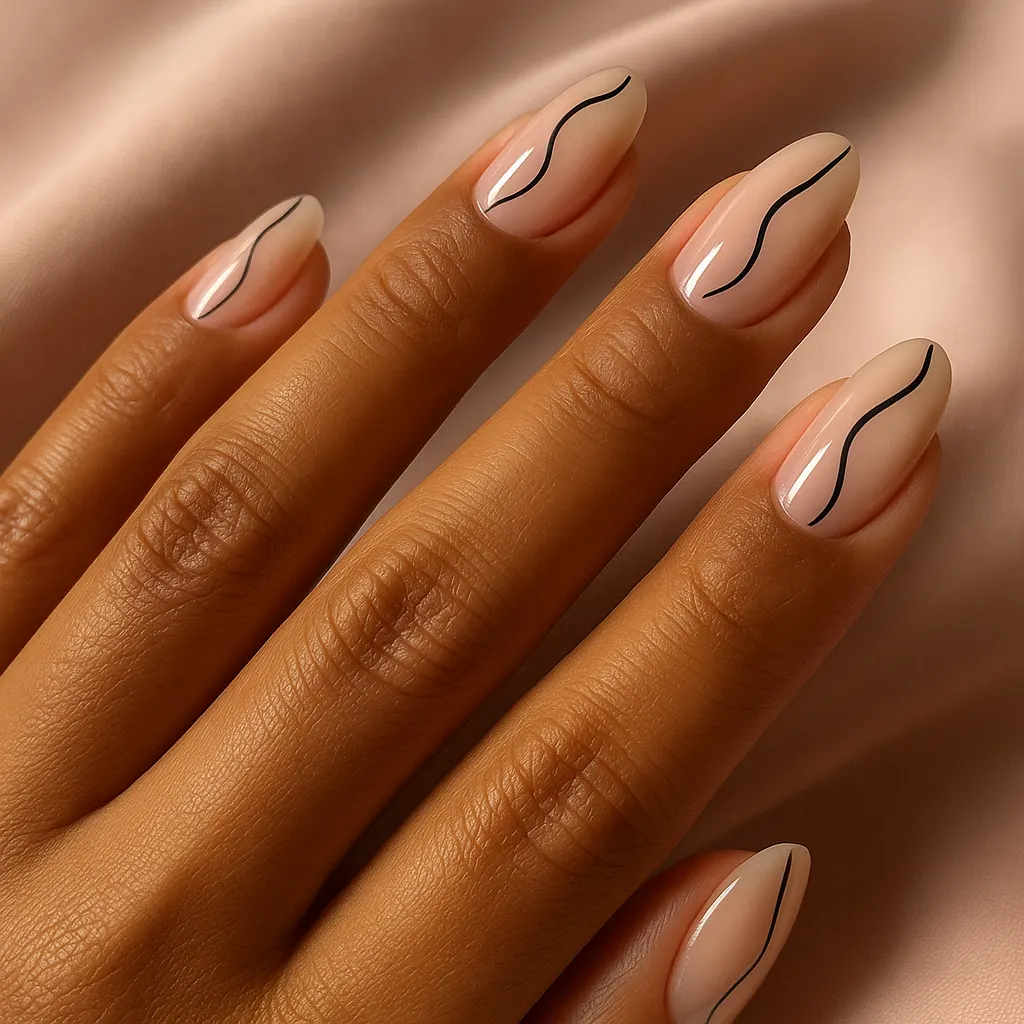 Medium almond natural nails in sheer nude gel with one thin black hand-painted wavy line on each nail, on warm tan skin, the hand on blush satin.