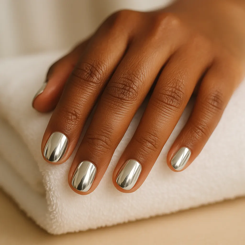 Short round natural nails in mirror silver chrome gel, on medium brown skin, the hand on a folded white cotton towel.