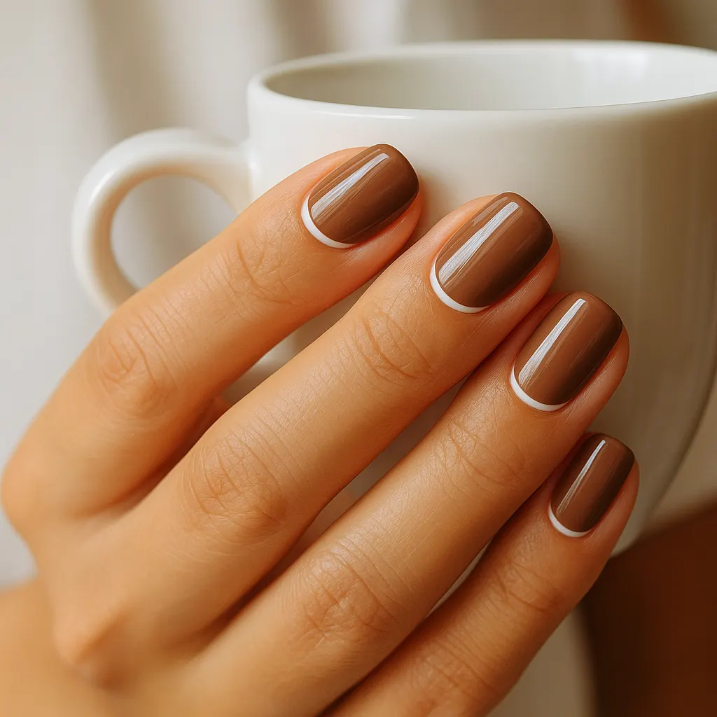Short squoval natural nails in glossy mocha gel with a thin white half moon at the base of each nail, on light mestiza skin, the hand holding a white ceramic coffee cup.