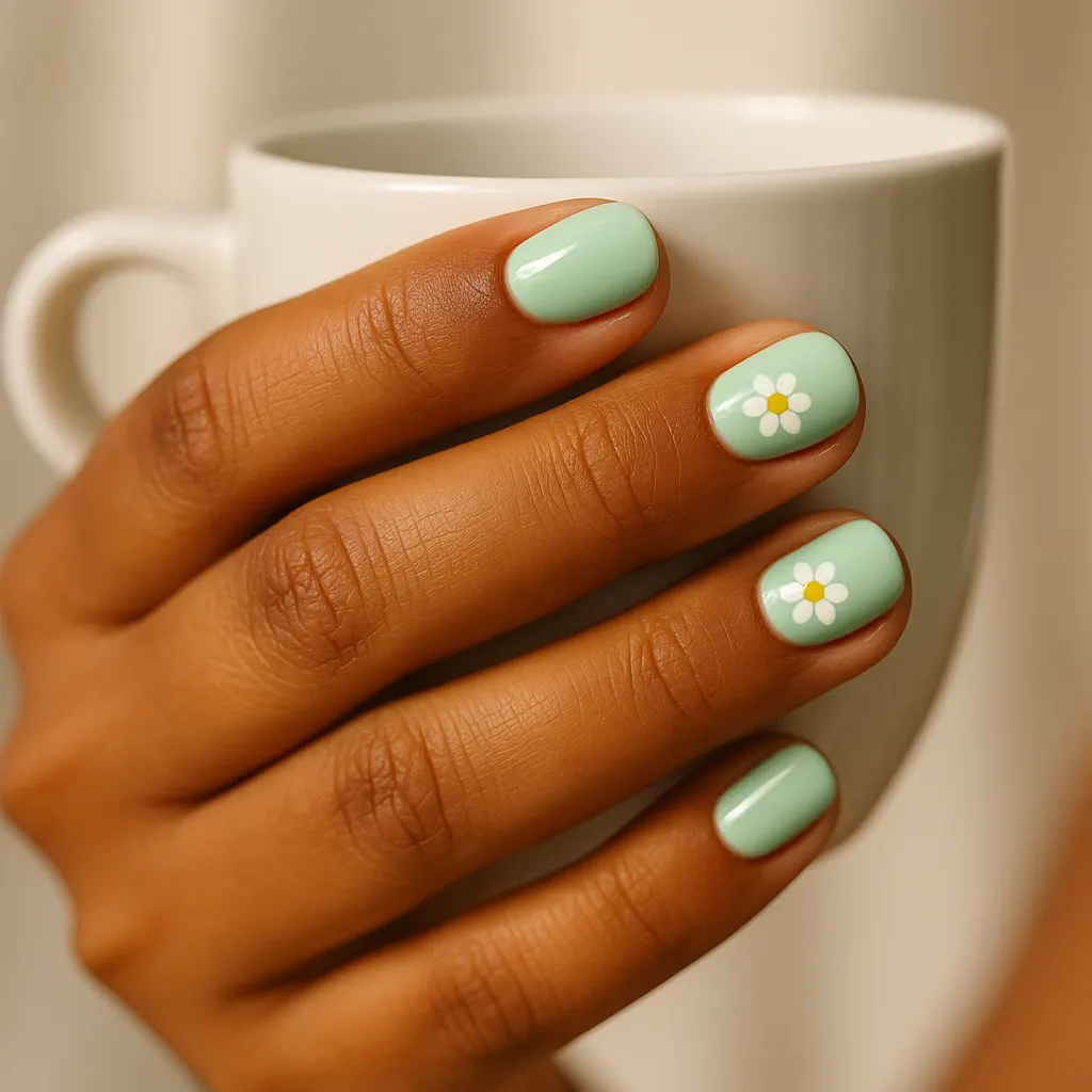 Short round natural nails in pastel mint green gel, a small white daisy with a yellow centre on each ring finger, on morena skin, the hand holding a white ceramic coffee cup.
