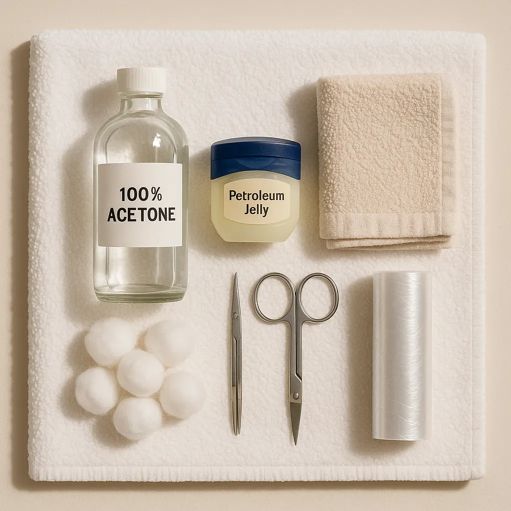 Supplies for removing gel polish laid out on a white towel: a glass bottle labelled 100% acetone, a tub of petroleum jelly, a folded washcloth, cotton balls, small scissors, tweezers and a roll of plastic food wrap.