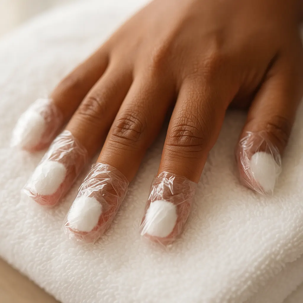 A hand resting on a folded white towel, each fingertip wrapped in clear plastic food wrap over a small piece of cotton on the nail, on medium-brown skin.