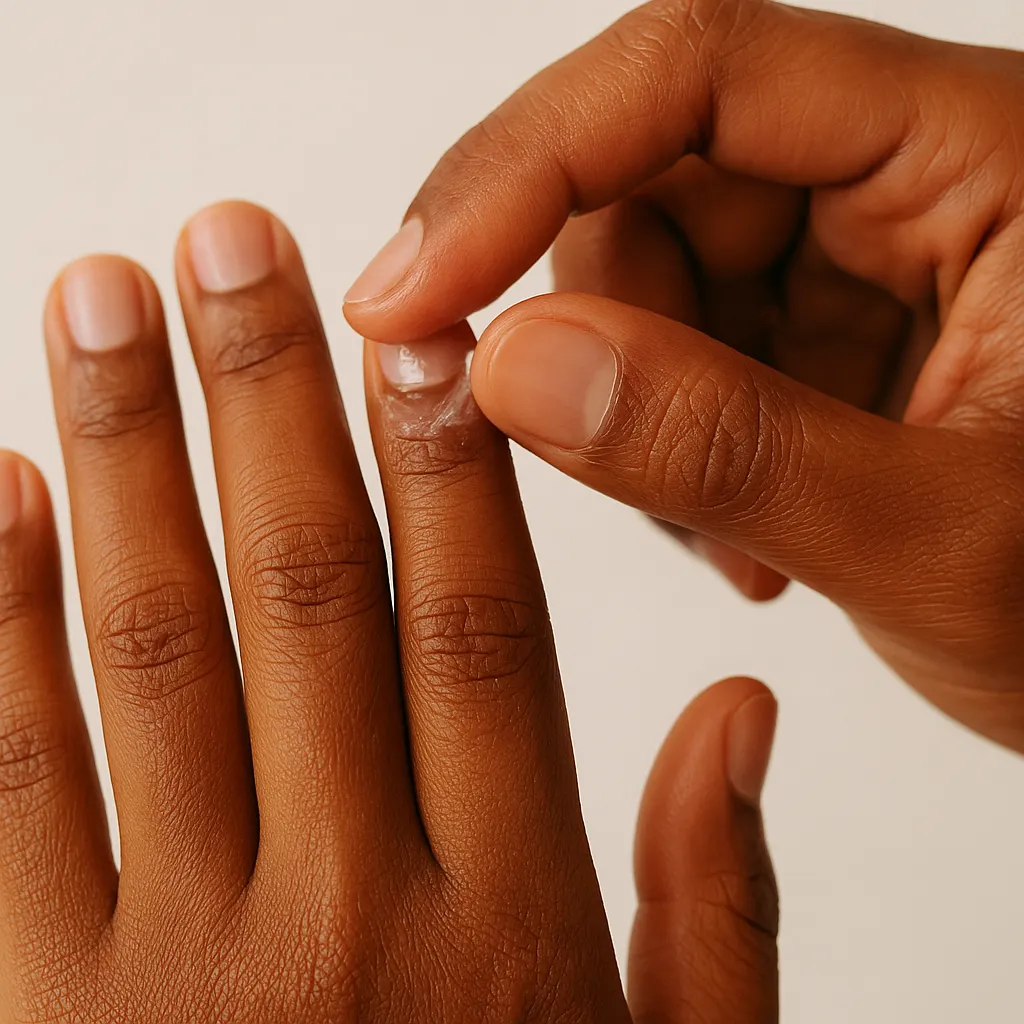 Two hands with short bare natural nails, one fingertip rubbing a little petroleum jelly into the cuticle of a finger on the other hand, on kayumanggi skin against a plain light background.