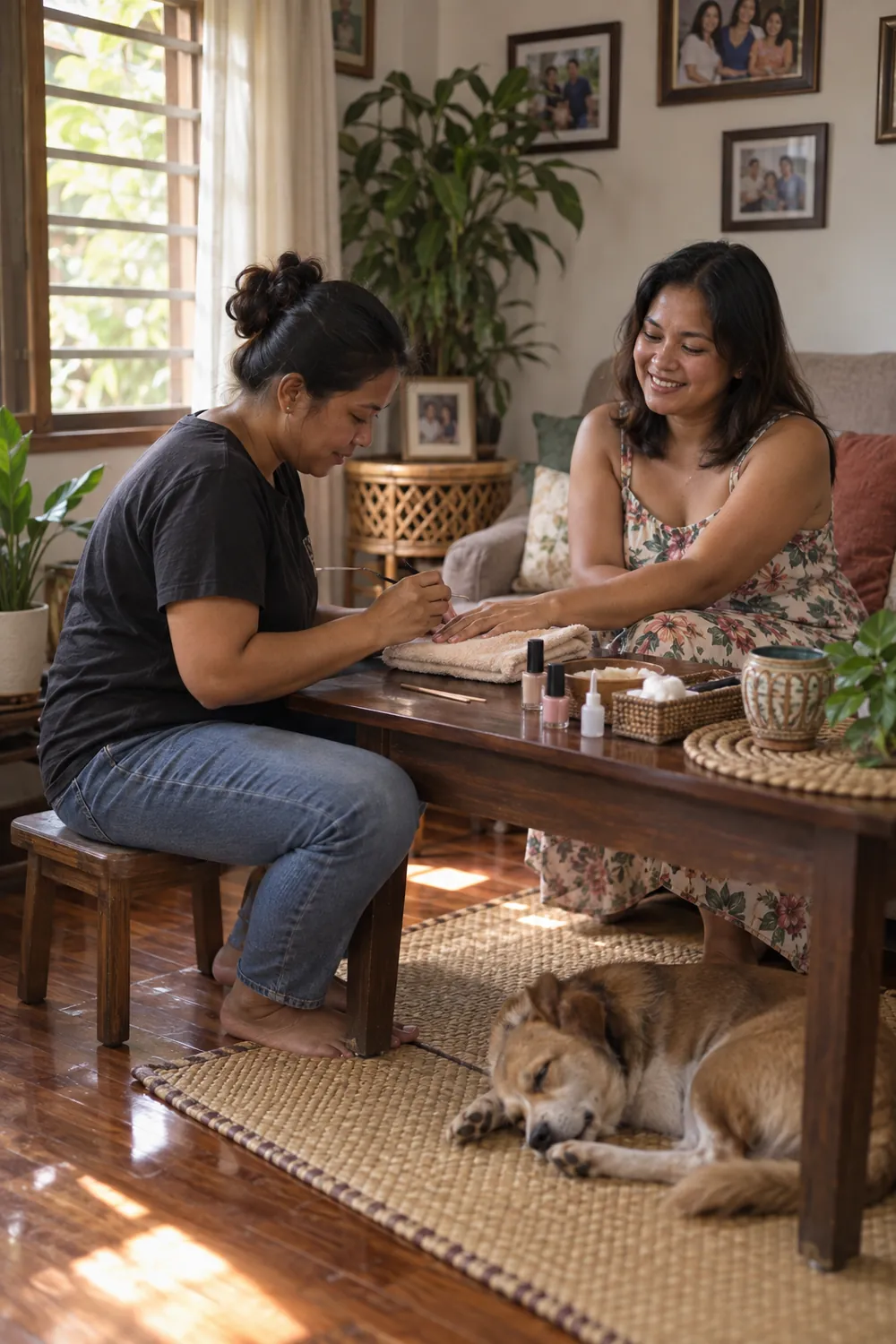 A nail technician working on a client&rsquo;s nails in her living room.