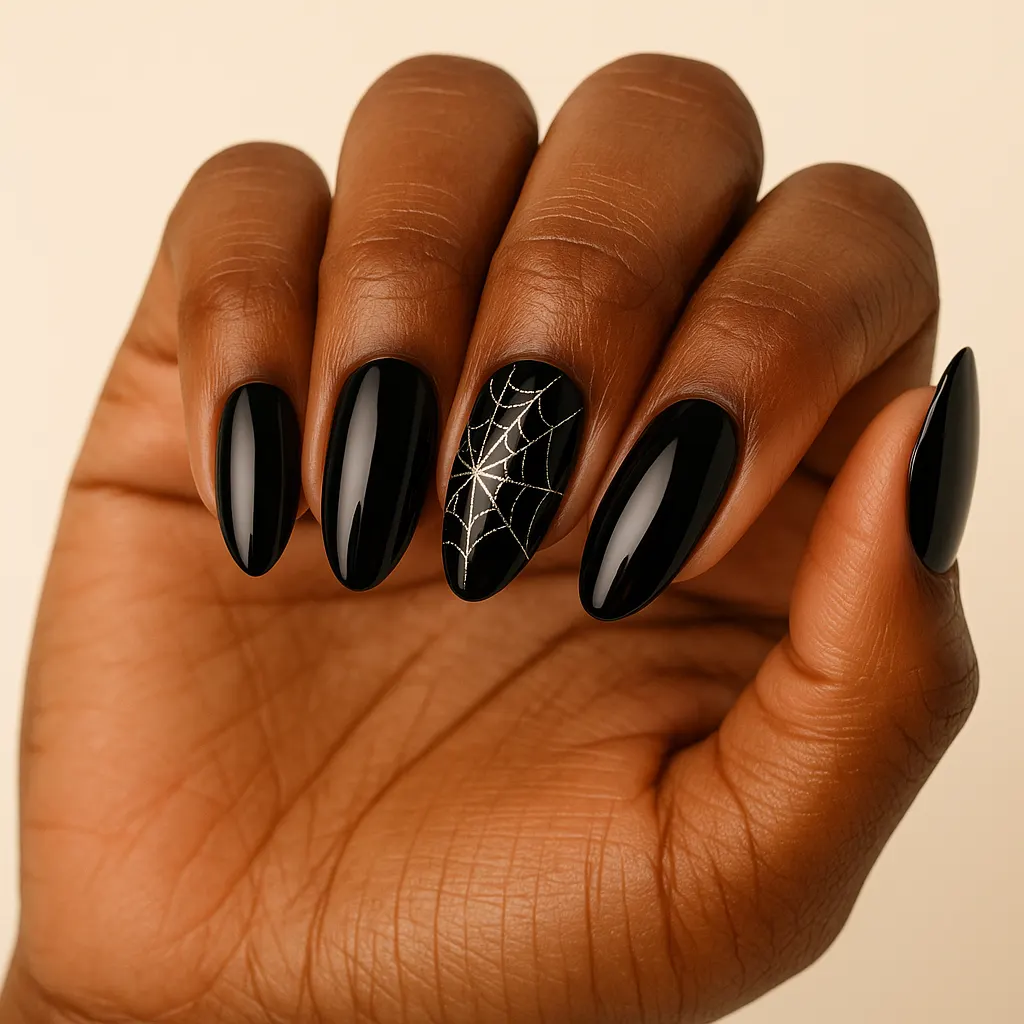 Long almond nails in glossy black, one ring nail with a fine silver spider web, on morena skin.