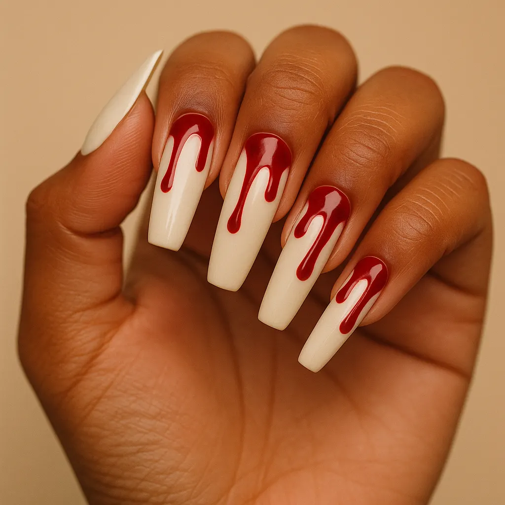 Long coffin nails in cream with deep red drips running down from the cuticle, on medium brown skin.