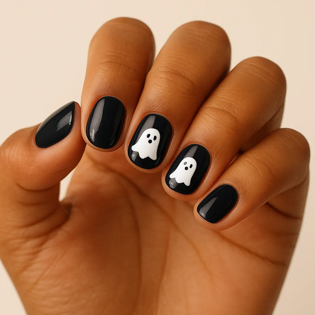 Short round nails in glossy black with two small white ghosts painted on the middle and ring nails, on morena skin.
