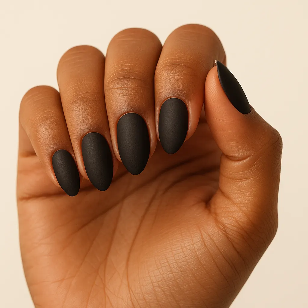 Medium almond nails in a flat matte black, on morena skin.