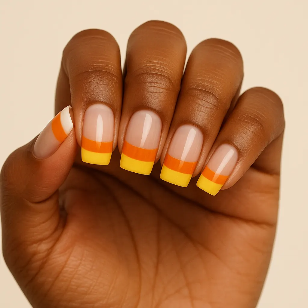 Medium square nails, a sheer nude base with orange and yellow striped tips, on morena skin.