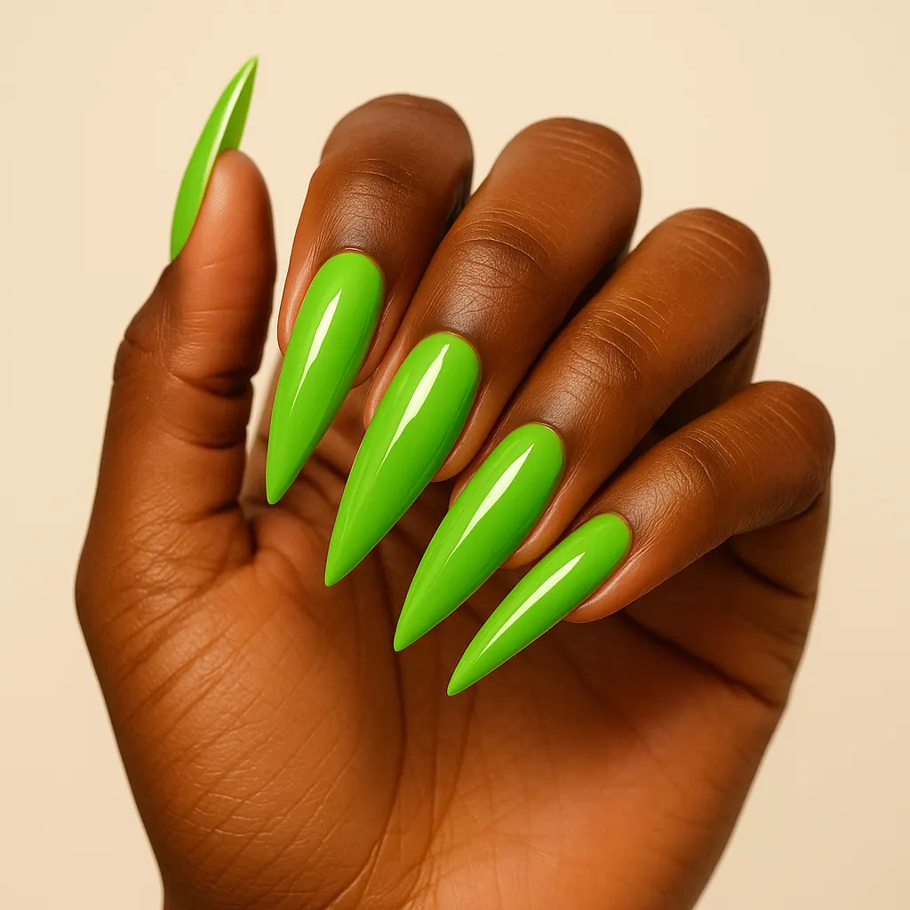 Long stiletto nails in a bright glossy slime green, on kayumanggi skin.