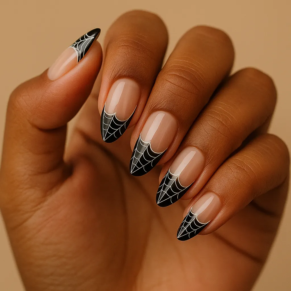 Medium almond nails, a sheer nude base with black tips drawn as white-lined cobwebs, on medium brown skin.