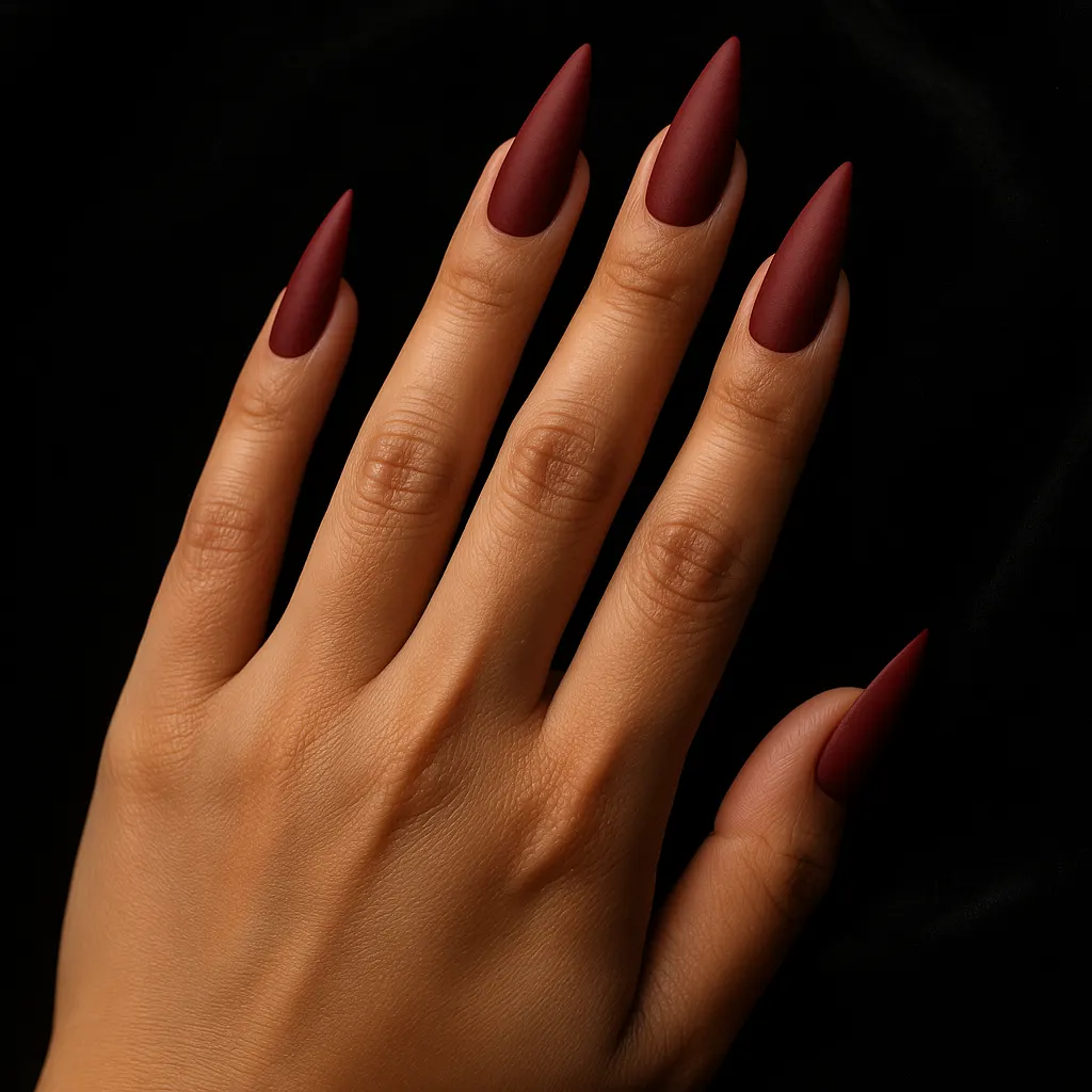 Long stiletto nails in deep blood red matte on light mestiza skin, against black velvet.