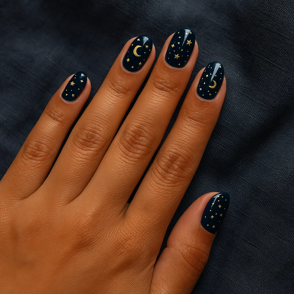Medium oval nails in glossy navy with small gold crescent moons and stars, on warm tan skin over dark blue linen.