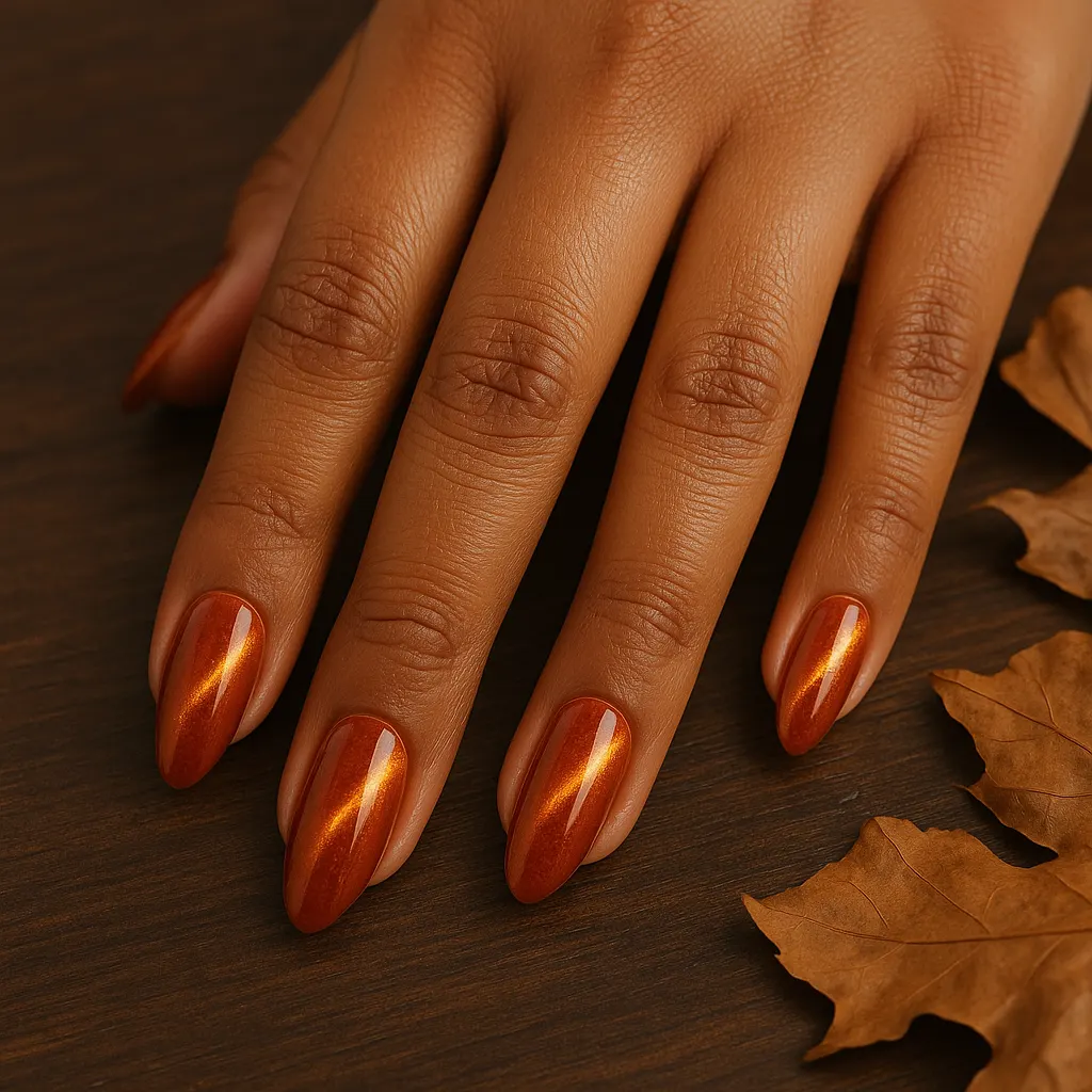 Medium almond nails in a burnt orange cat eye with a golden shimmer band, on morena skin beside dried autumn leaves.