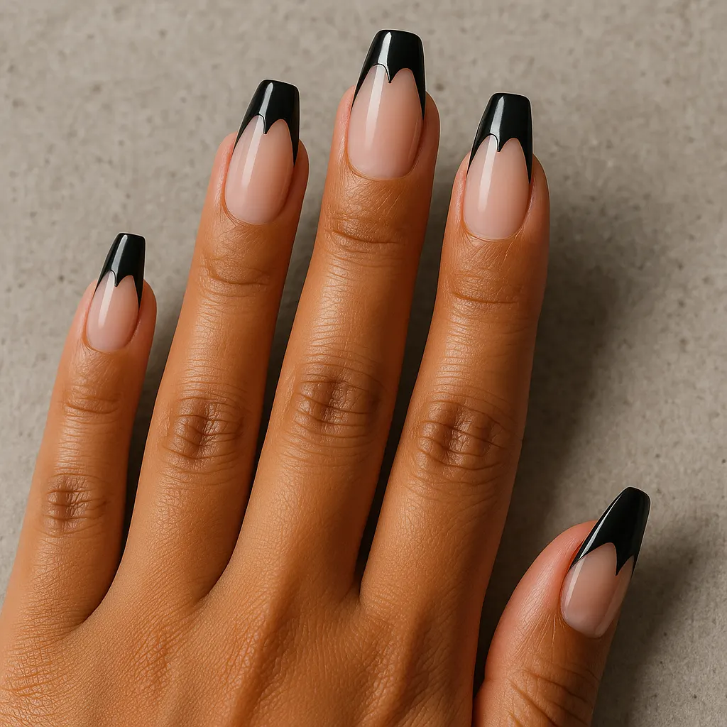Medium coffin nails with a sheer nude base and black bat wing shaped French tips, on warm tan skin over grey concrete.