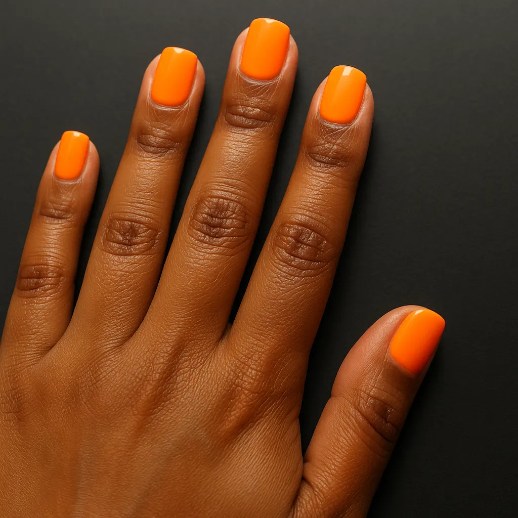 Short square nails in bright glossy neon orange on deep kayumanggi skin, against a black surface.
