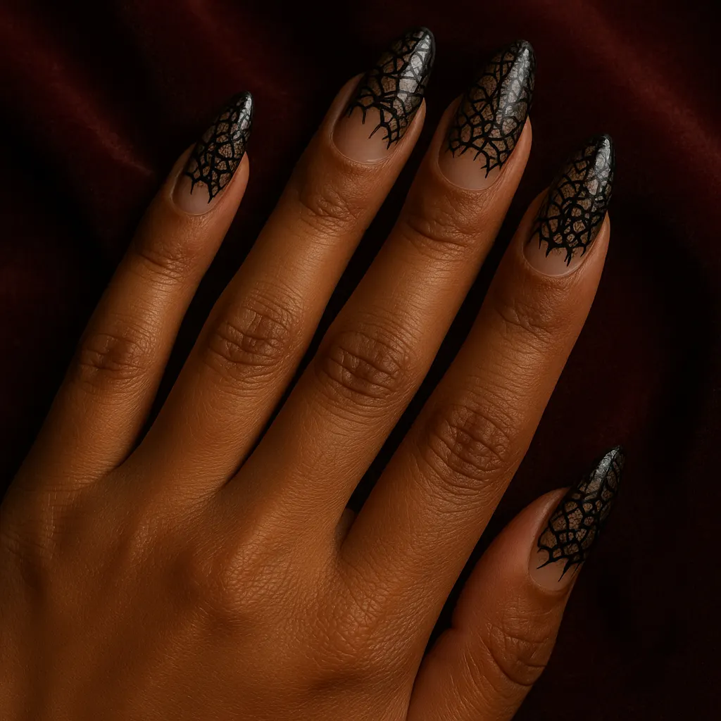 Long stiletto nails with black cobweb lace over a sheer nude and silver shimmer base, on warm tan skin against dark red velvet.