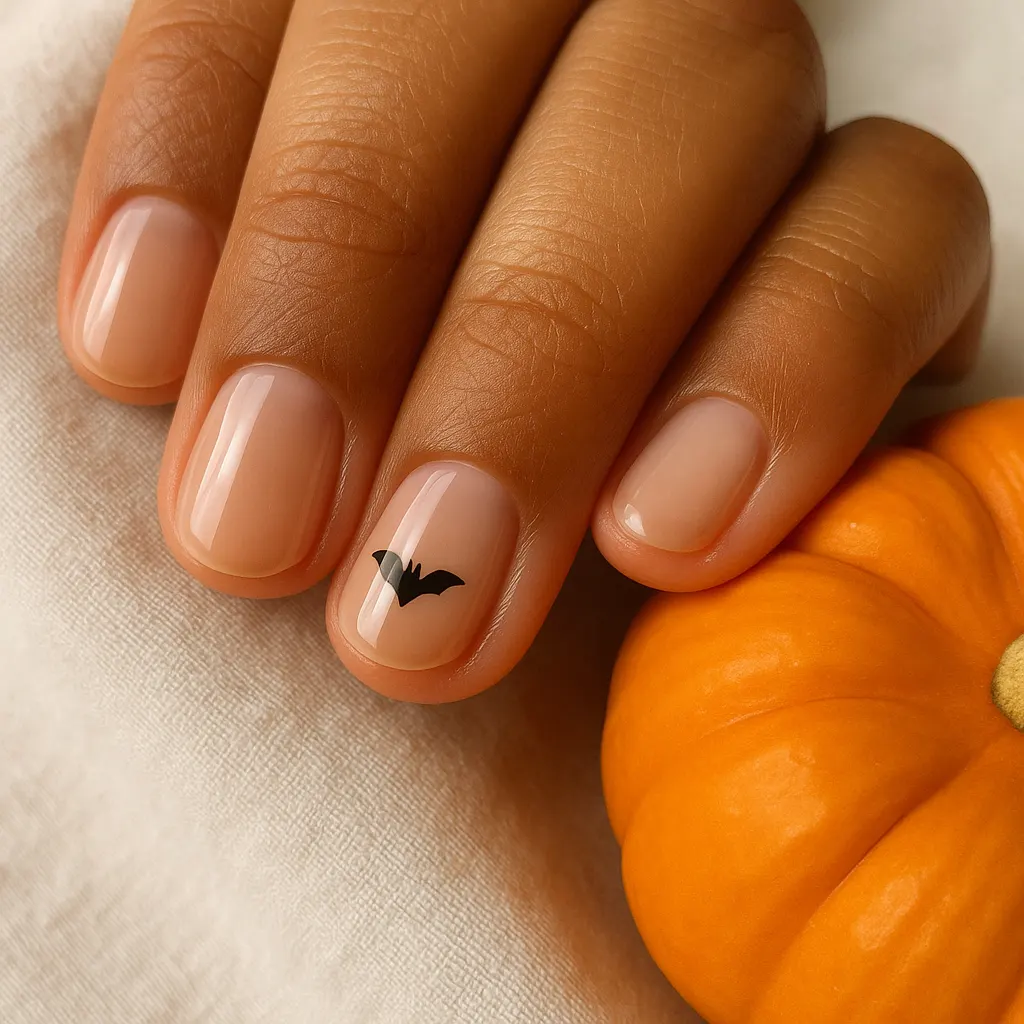 Short round nails in glossy sheer nude with one tiny black bat on the ring nail, on morena skin beside a small pumpkin.