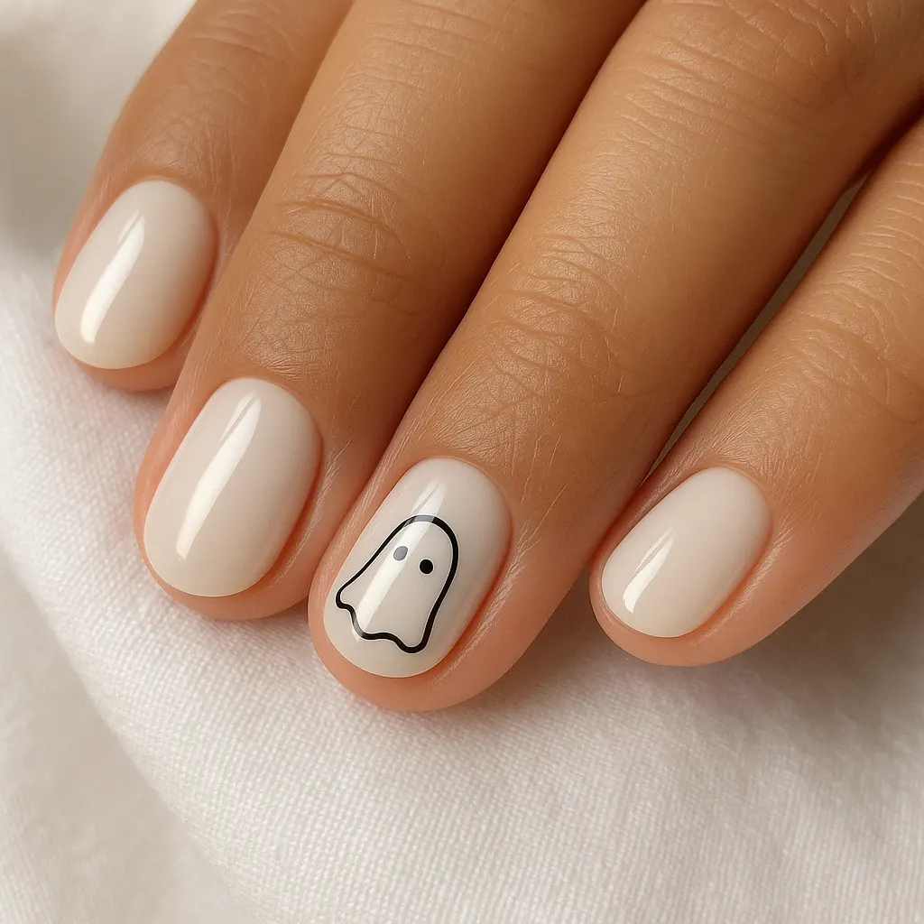 Short round nails in milky white with one small outlined ghost on the ring nail, on light mestiza skin.