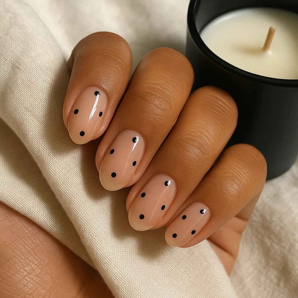 Short almond nails in sheer nude with small black polka dots, on warm tan skin beside a black candle.