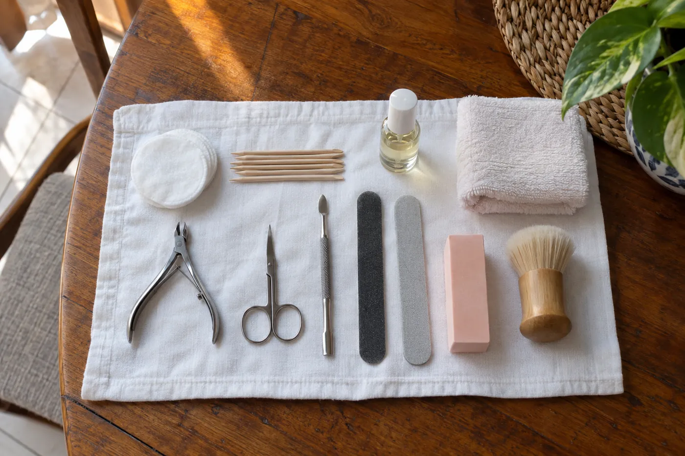 Nippers, scissors, a pusher, files, a buffer and a brush laid out on a cloth before an appointment.