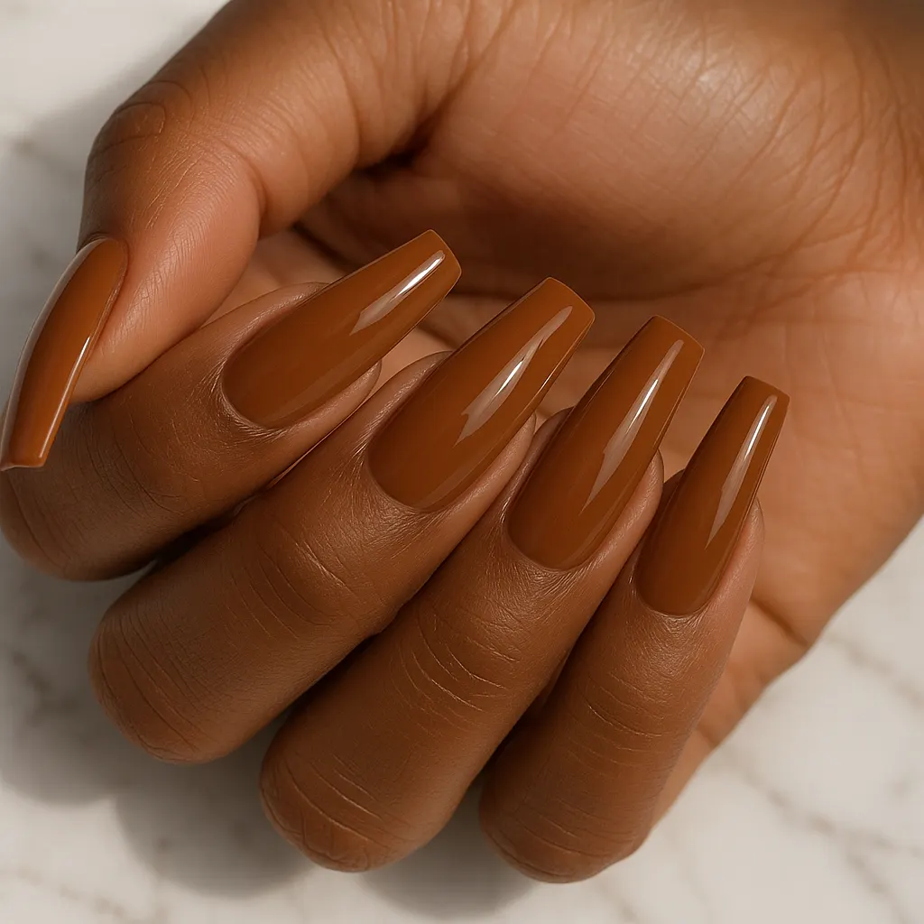Long coffin nails in glossy caramel brown on kayumanggi skin, the hand resting on white marble.