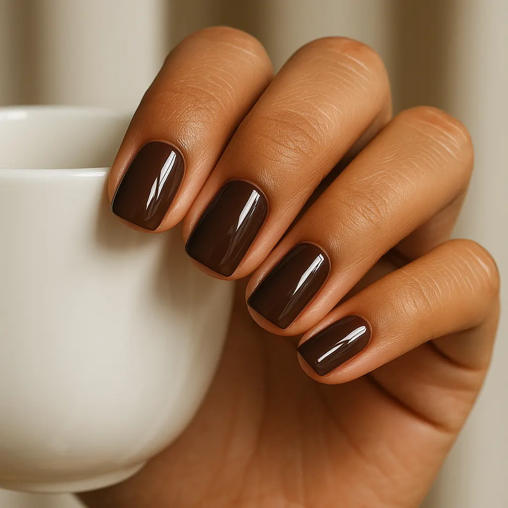 Short square nails in glossy deep cocoa brown on warm morena skin, the fingers wrapped around a white coffee cup.