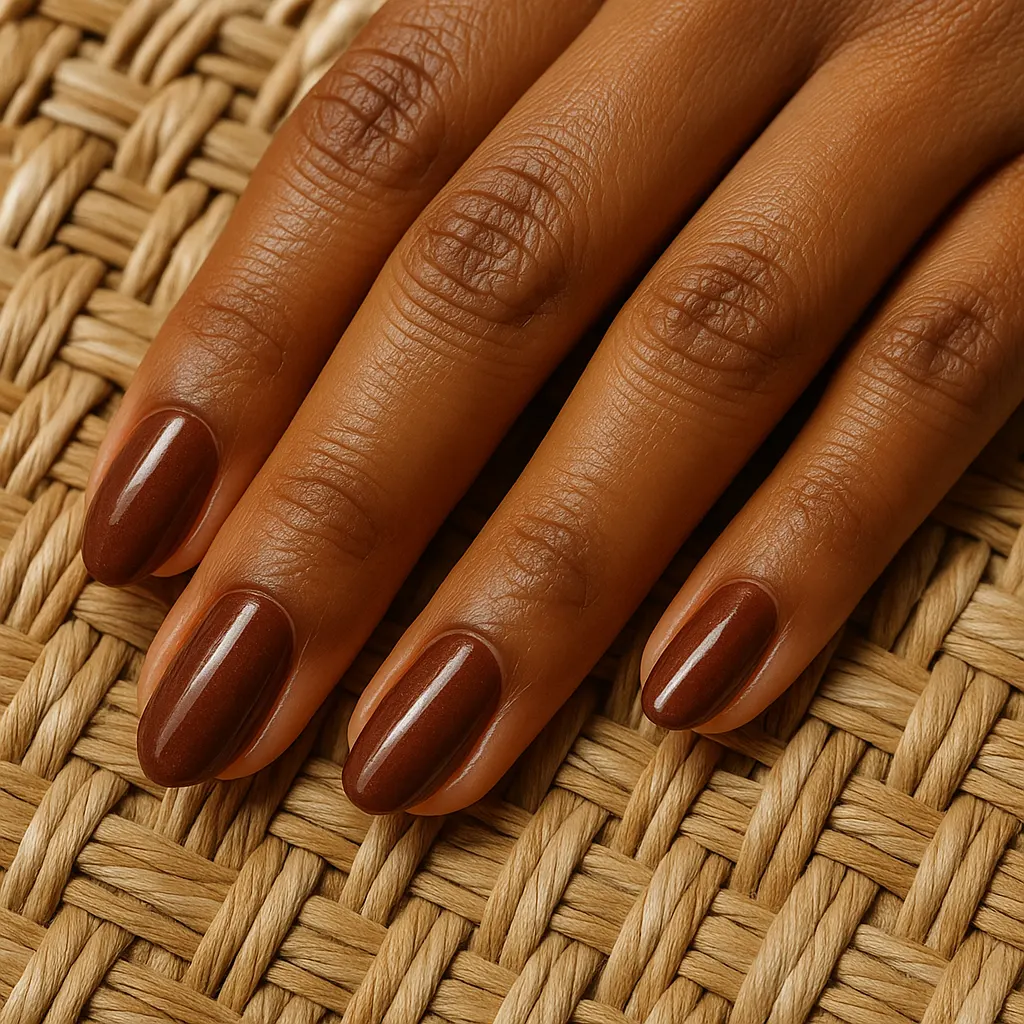 Medium oval nails in glossy chestnut brown with a faint shimmer on kayumanggi skin, the fingers laid on a woven rattan mat.