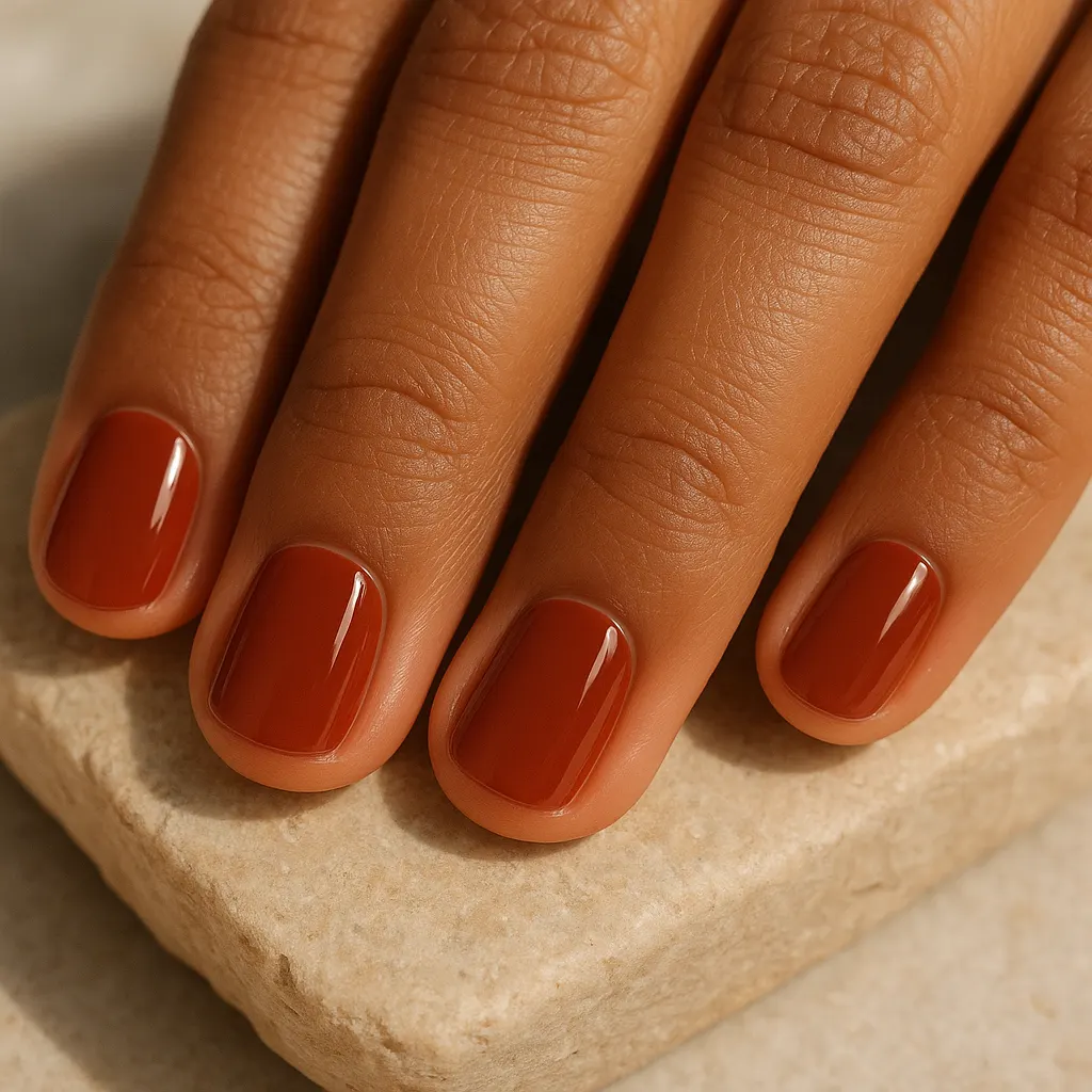 Short squoval nails in glossy brick red on kayumanggi skin, the fingertips resting on a block of beige stone.