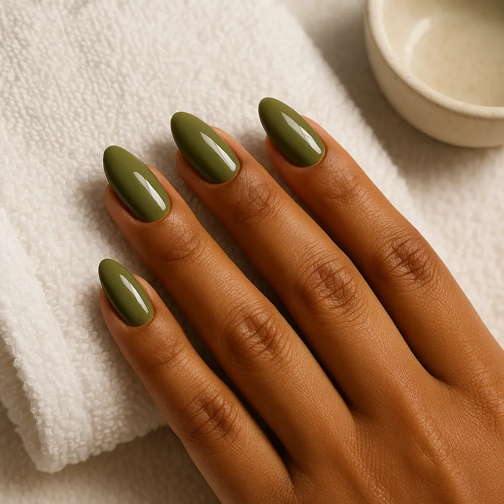 Medium almond nails in glossy olive green on kayumanggi skin, the hand laid on a white towel beside a small ceramic dish.