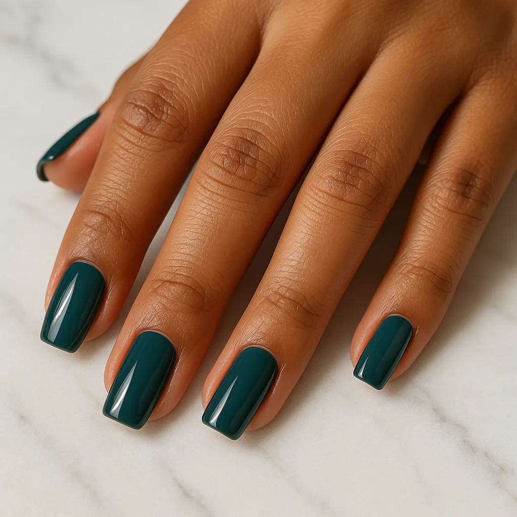 Medium square nails in glossy deep teal on warm morena skin, the hand resting flat on white marble.