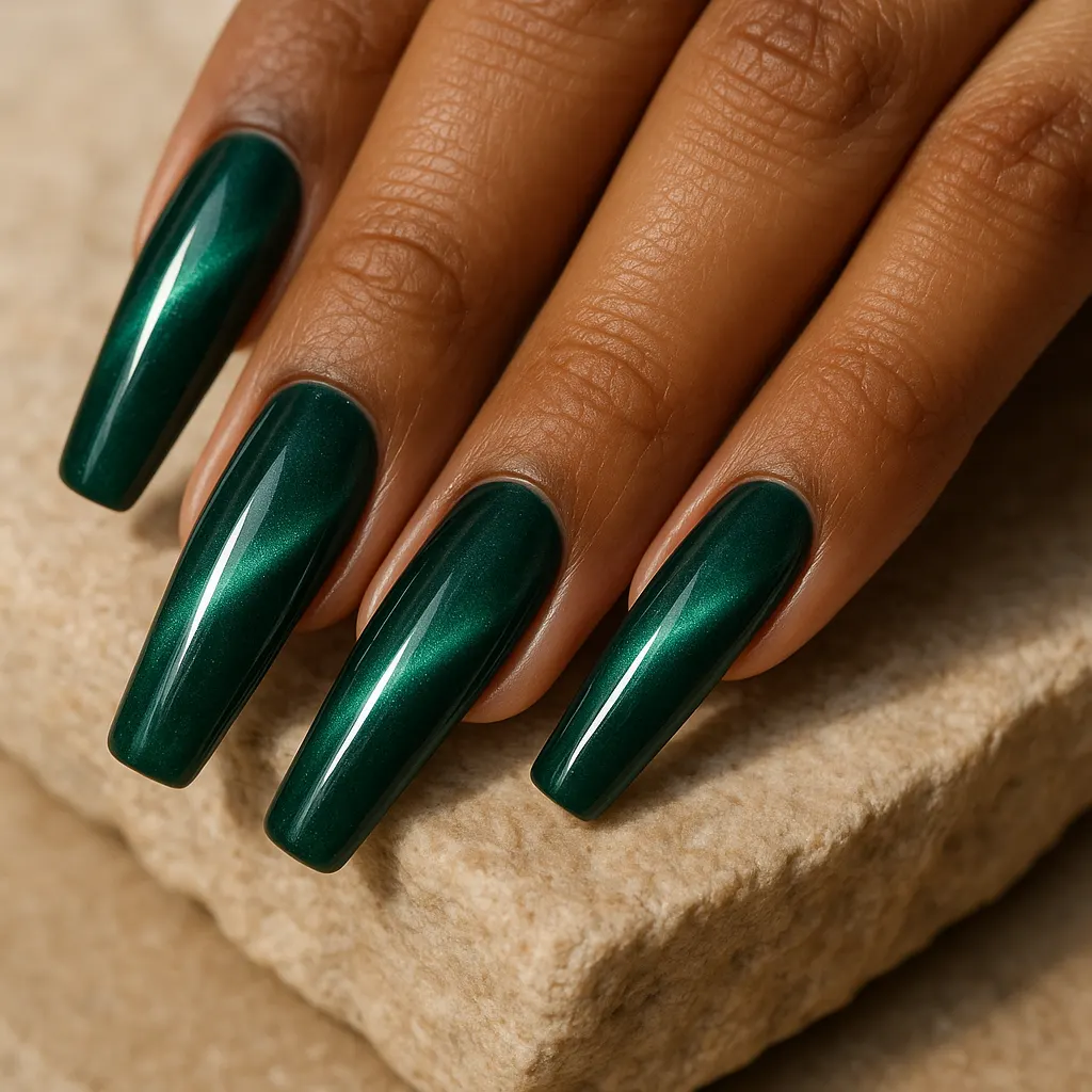 Long coffin nails in deep emerald cat eye gel with a bright shimmer band on kayumanggi skin, the fingers resting on beige stone.