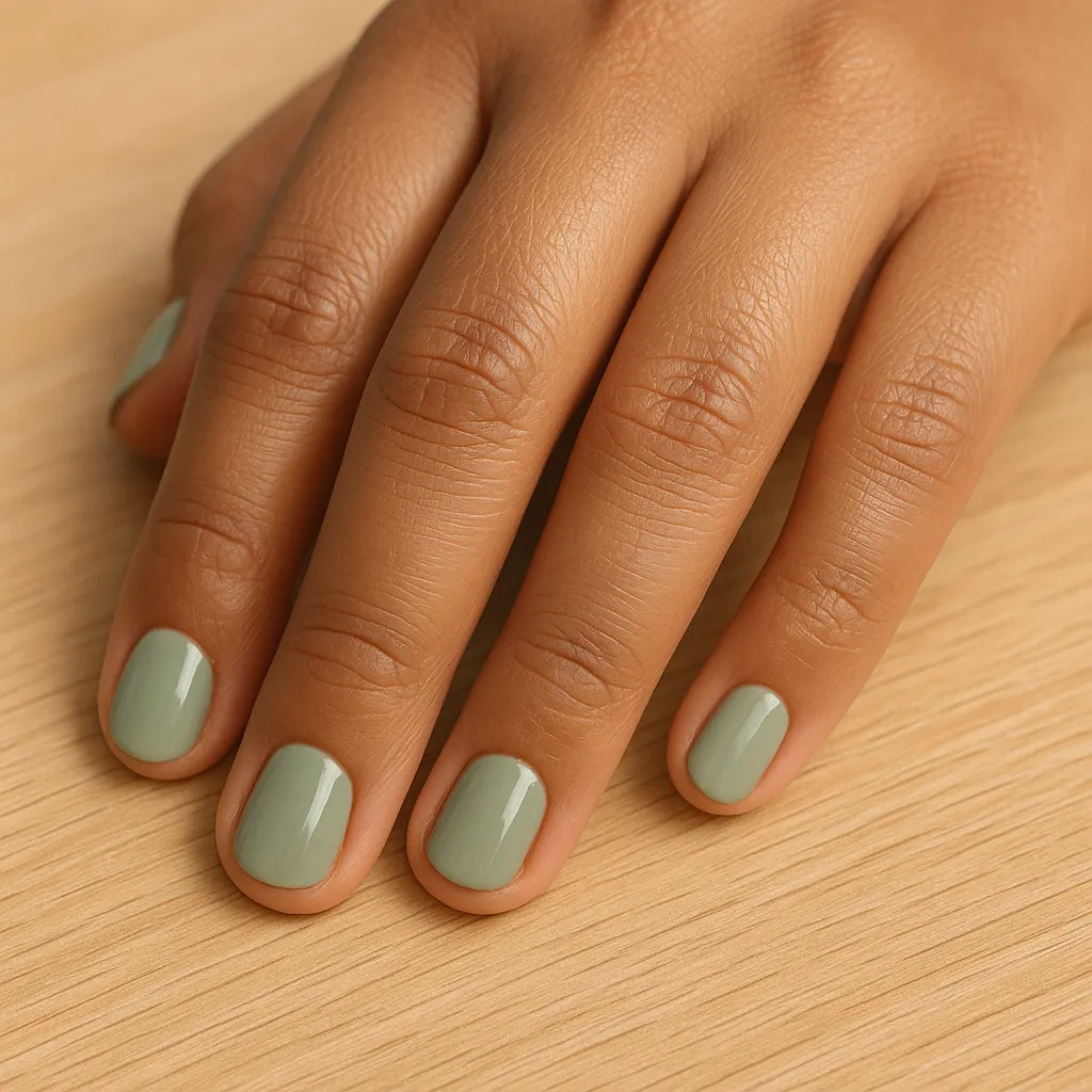 Short round nails in soft sage green cream on warm morena skin, the hand resting flat on a light oak table.