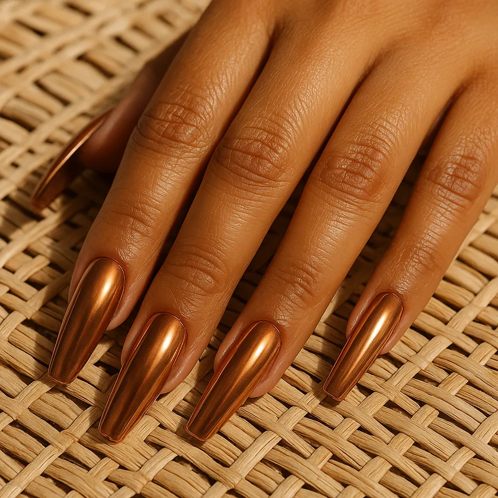 Long coffin nails in warm bronze chrome on warm morena skin, the hand resting on a woven rattan mat.