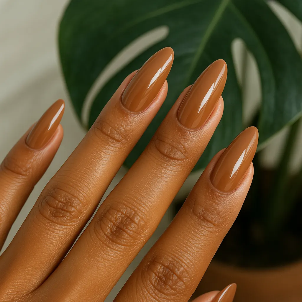 Long almond nails in glossy toffee nude on warm morena skin, the fingers raised in front of a monstera leaf.