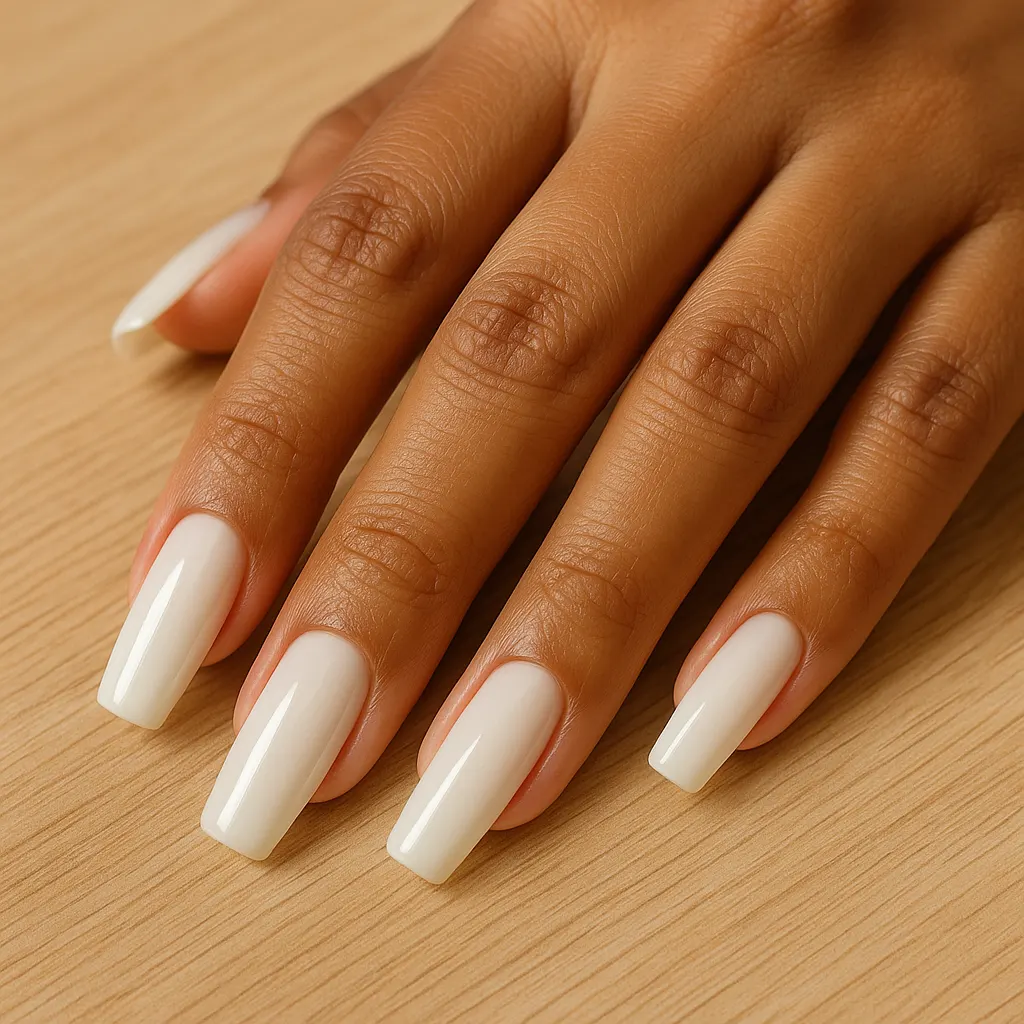 Medium coffin nails in glossy milky white on warm morena skin, the hand resting flat on a light oak table.