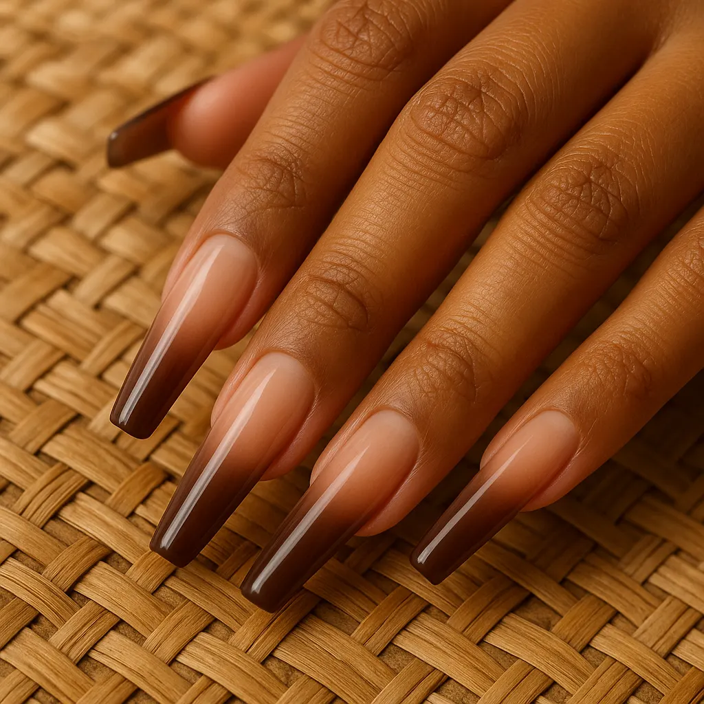 Long coffin nails fading from sheer nude at the cuticle to chocolate brown tips on warm morena skin, the hand resting on a woven rattan mat.