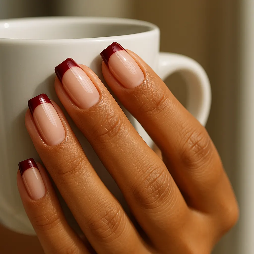 Medium square nails in a sheer nude base with a crisp deep red French tip on warm morena skin, the fingers wrapped around a white mug.
