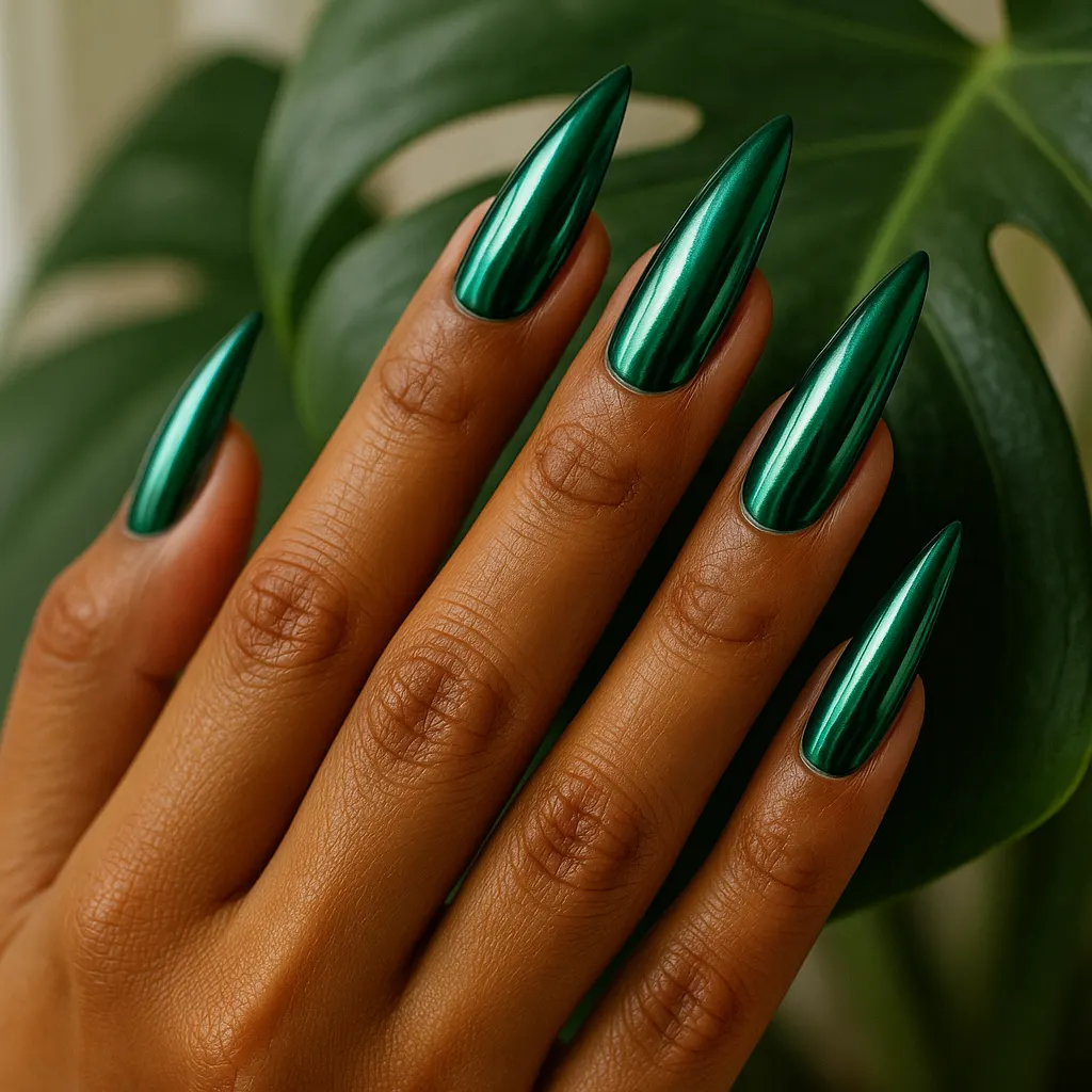 Long stiletto nails in emerald green chrome on kayumanggi skin, the fingers raised against a monstera leaf.