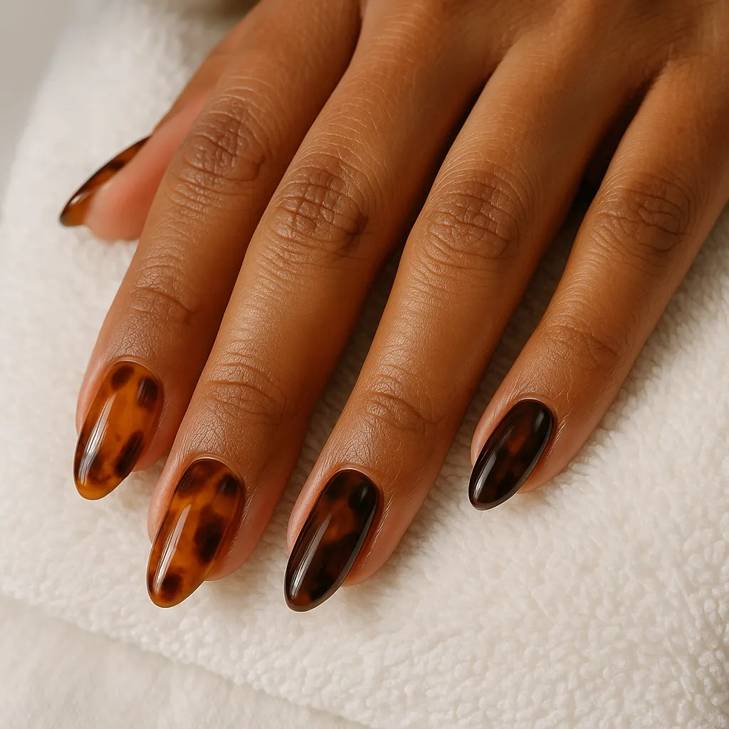 Medium almond nails in amber and dark brown tortoiseshell on warm morena skin, the hand resting on a white towel.