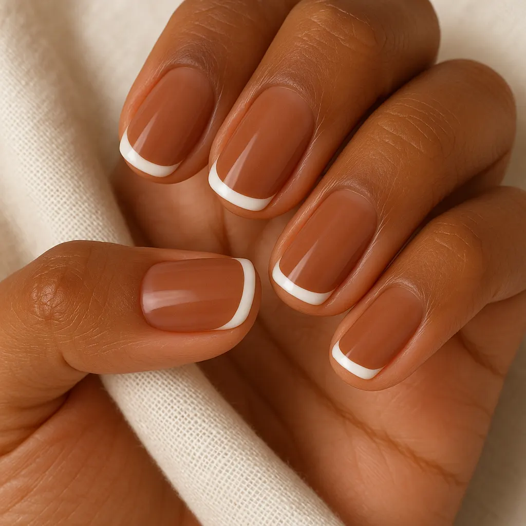 Short squoval nails in a deep nude base with a thin bright white tip on kayumanggi skin, the fingers curled over cream linen.