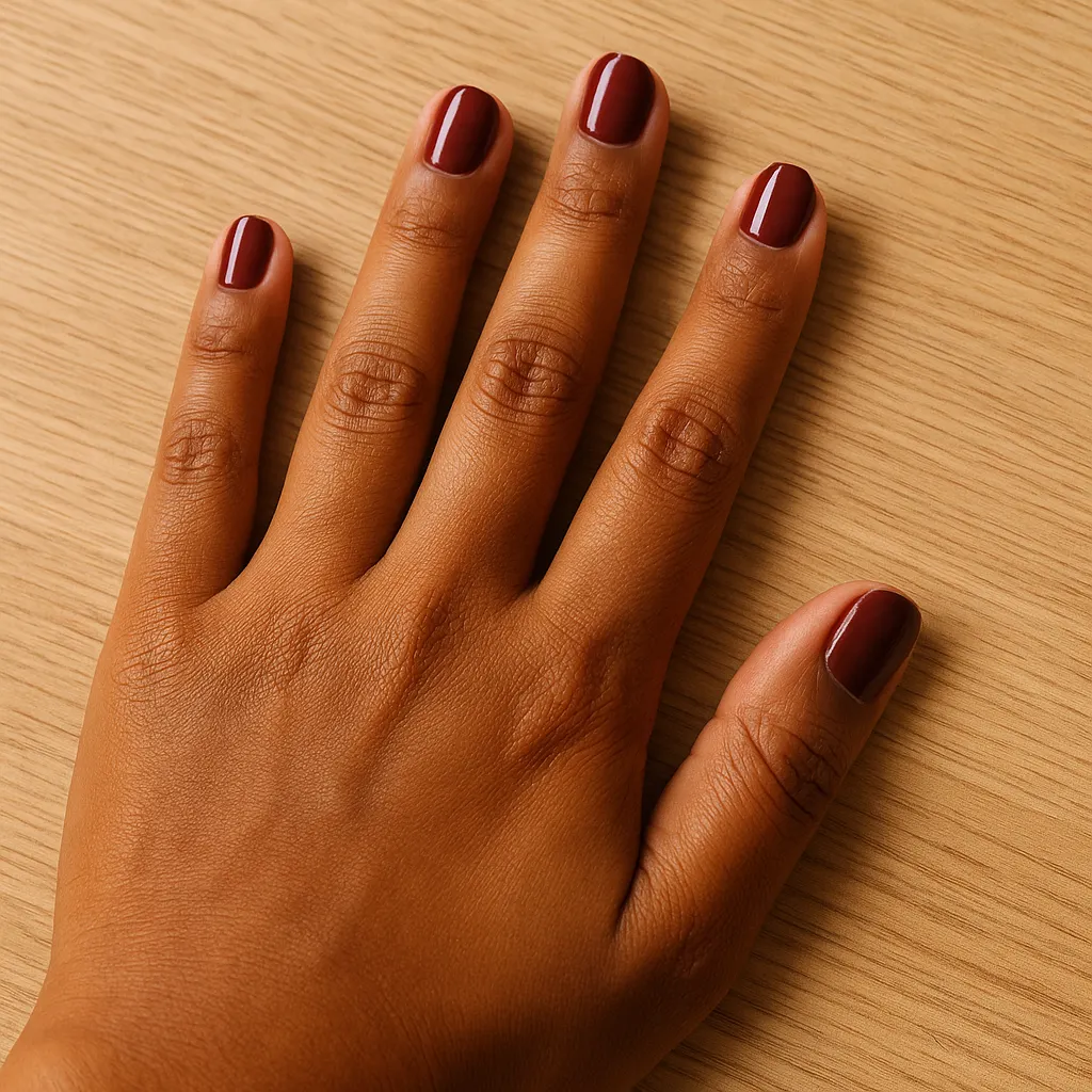 Short round nails in classic glossy maroon on warm tan skin, the hand flat on a light oak table.