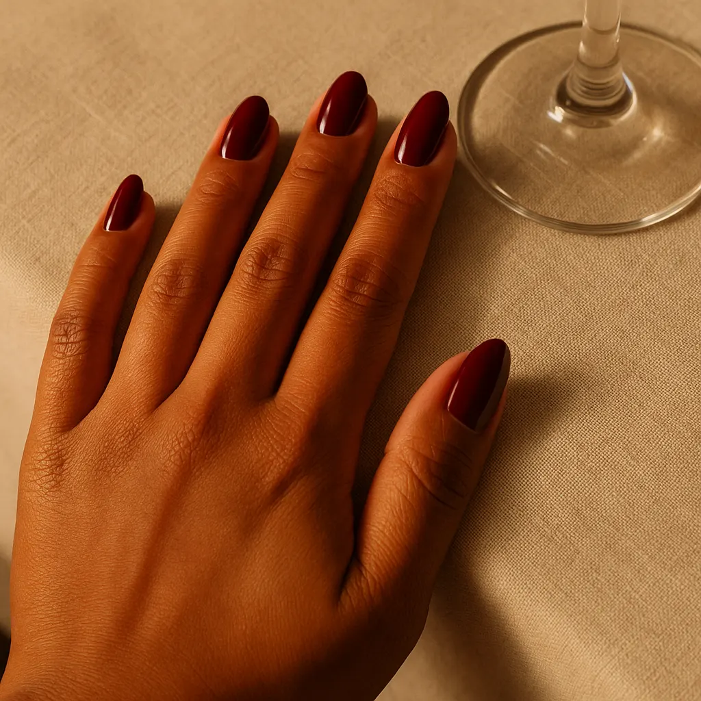 Medium almond nails in deep glossy wine red on warm tan skin, the hand on a linen tablecloth beside a wine glass.