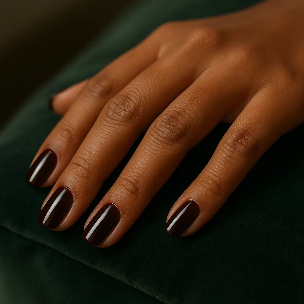 Medium squoval nails in glossy oxblood, a near black red, on medium brown skin resting on a dark green velvet cushion.