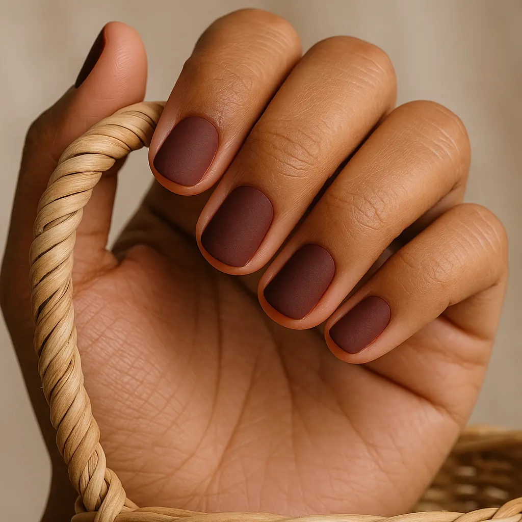 Short squoval nails in flat matte maroon on warm tan skin, the hand gripping a woven rattan basket handle.