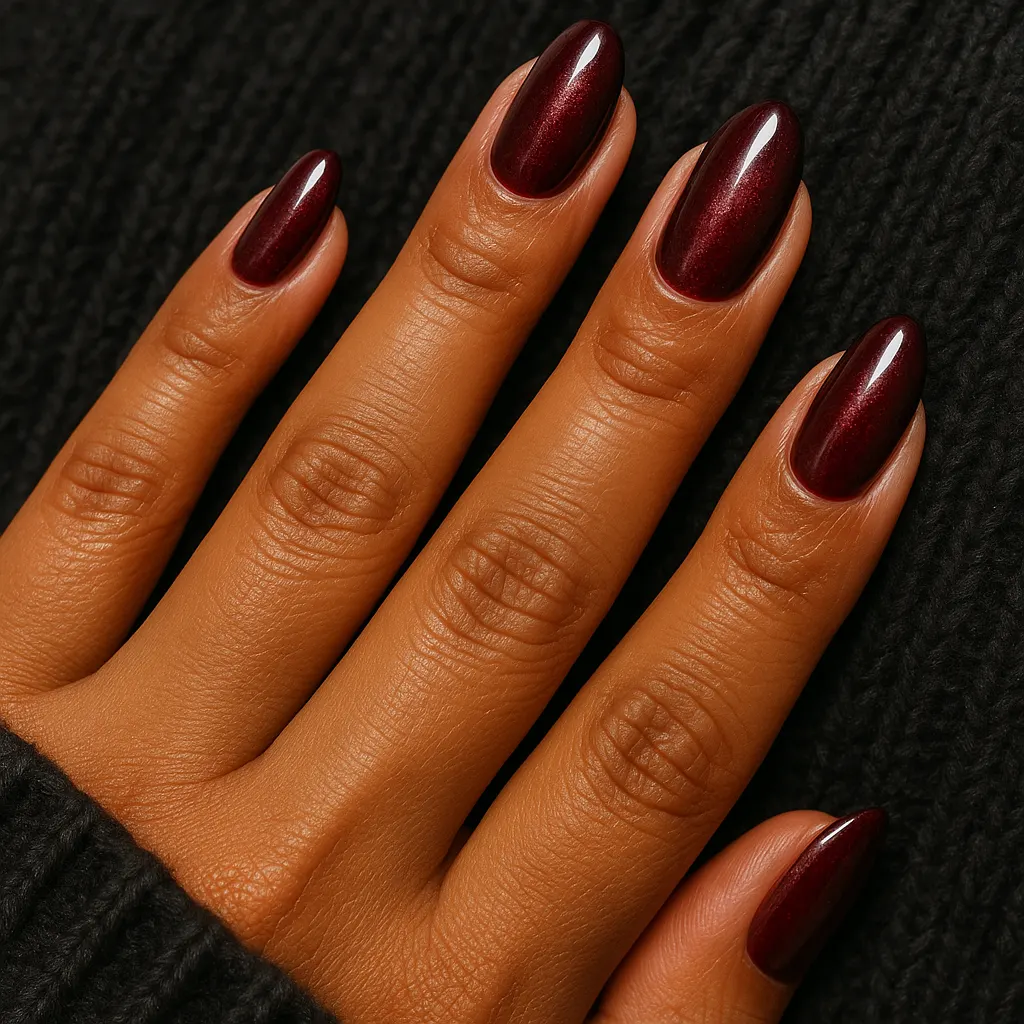 Medium almond nails in maroon velvet cat eye with a fine shimmer, on warm tan skin over a charcoal knit sleeve.